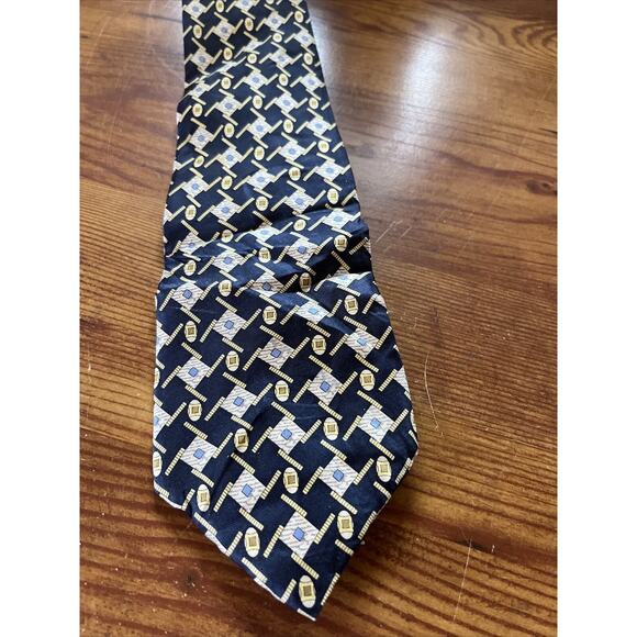 Marco Polo Italian Style Men’s Navy Blue Abstract Geometric Silk Necktie - Picture 6 of 7